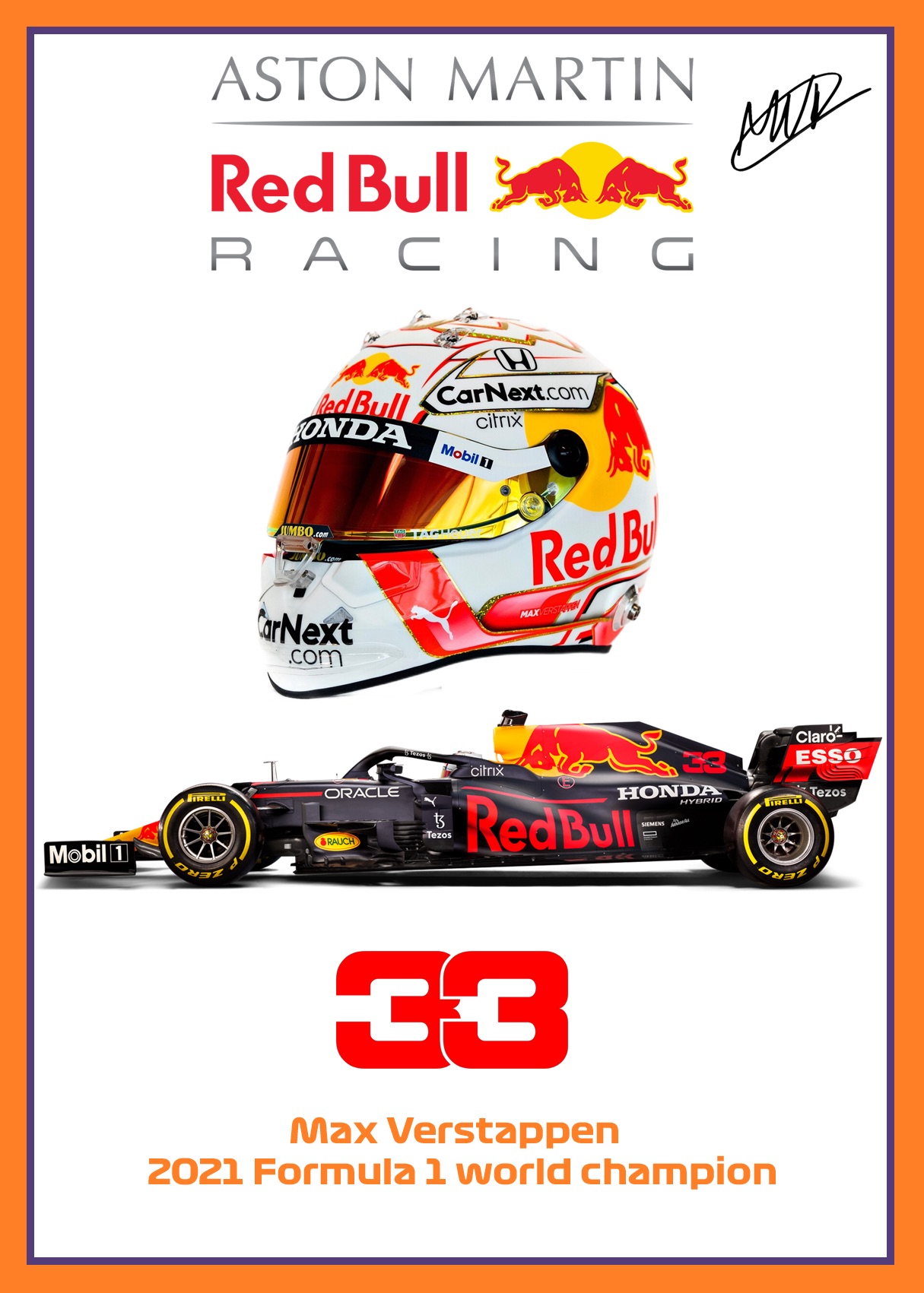 max verstappen f1 red bull signed helmet car print poster 2021